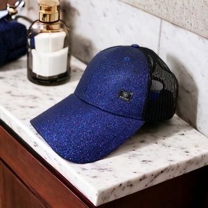 NWOT ARIAT Women's Blue & Black Glitter-Messy Bun Snapback Ball-Cap/Hat